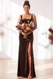 Dark Green Square Neck Sheath Velvet Bridesmaid Dress with Slit