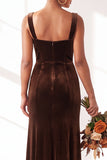 Dark Green Square Neck Sheath Velvet Bridesmaid Dress with Slit