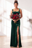Dark Green Square Neck Sheath Velvet Bridesmaid Dress with Slit