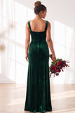 Dark Green Square Neck Sheath Velvet Bridesmaid Dress with Slit