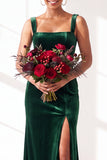 Dark Green Square Neck Sheath Velvet Bridesmaid Dress with Slit