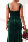 Dark Green Square Neck Sheath Velvet Bridesmaid Dress with Slit