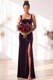 Dark Green Square Neck Sheath Velvet Bridesmaid Dress with Slit