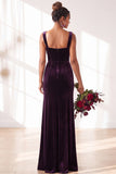 Dark Green Square Neck Sheath Velvet Bridesmaid Dress with Slit