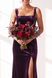 Dark Green Square Neck Sheath Velvet Bridesmaid Dress with Slit