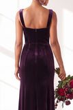 Dark Green Square Neck Sheath Velvet Bridesmaid Dress with Slit