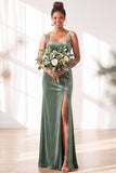 Dark Green Square Neck Sheath Velvet Bridesmaid Dress with Slit