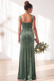 Dark Green Square Neck Sheath Velvet Bridesmaid Dress with Slit