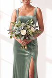Dark Green Square Neck Sheath Velvet Bridesmaid Dress with Slit