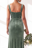 Dark Green Square Neck Sheath Velvet Bridesmaid Dress with Slit