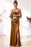 Dark Green Square Neck Sheath Velvet Bridesmaid Dress with Slit