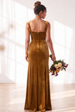 Dark Green Square Neck Sheath Velvet Bridesmaid Dress with Slit