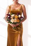 Dark Green Square Neck Sheath Velvet Bridesmaid Dress with Slit