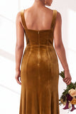 Dark Green Square Neck Sheath Velvet Bridesmaid Dress with Slit