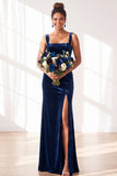 Dark Green Square Neck Sheath Velvet Bridesmaid Dress with Slit