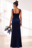 Dark Green Square Neck Sheath Velvet Bridesmaid Dress with Slit