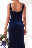 Dark Green Square Neck Sheath Velvet Bridesmaid Dress with Slit