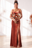 Dark Green Square Neck Sheath Velvet Bridesmaid Dress with Slit