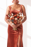 Dark Green Square Neck Sheath Velvet Bridesmaid Dress with Slit