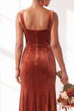 Dark Green Square Neck Sheath Velvet Bridesmaid Dress with Slit