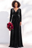 Terracotta Velvet V Neck Front Twist Long Sleeve Bridesmaid Dress