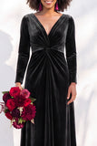 Terracotta Velvet V Neck Front Twist Long Sleeve Bridesmaid Dress