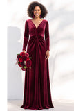Terracotta Velvet V Neck Front Twist Long Sleeve Bridesmaid Dress