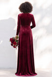 Terracotta Velvet V Neck Front Twist Long Sleeve Bridesmaid Dress