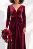 Terracotta Velvet V Neck Front Twist Long Sleeve Bridesmaid Dress