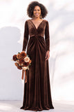 Terracotta Velvet V Neck Front Twist Long Sleeve Bridesmaid Dress