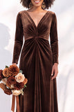 Terracotta Velvet V Neck Front Twist Long Sleeve Bridesmaid Dress