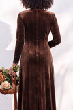 Terracotta Velvet V Neck Front Twist Long Sleeve Bridesmaid Dress