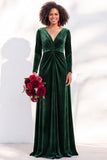Terracotta Velvet V Neck Front Twist Long Sleeve Bridesmaid Dress