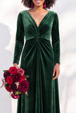 Terracotta Velvet V Neck Front Twist Long Sleeve Bridesmaid Dress