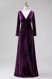 Terracotta Velvet V Neck Front Twist Long Sleeve Bridesmaid Dress