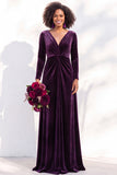 Terracotta Velvet V Neck Front Twist Long Sleeve Bridesmaid Dress