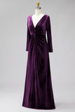 Terracotta Velvet V Neck Front Twist Long Sleeve Bridesmaid Dress