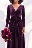 Terracotta Velvet V Neck Front Twist Long Sleeve Bridesmaid Dress