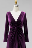 Terracotta Velvet V Neck Front Twist Long Sleeve Bridesmaid Dress