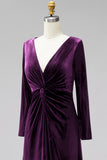 Terracotta Velvet V Neck Front Twist Long Sleeve Bridesmaid Dress