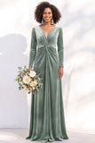 Terracotta Velvet V Neck Front Twist Long Sleeve Bridesmaid Dress