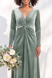 Terracotta Velvet V Neck Front Twist Long Sleeve Bridesmaid Dress