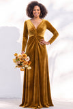 Terracotta Velvet V Neck Front Twist Long Sleeve Bridesmaid Dress
