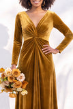 Terracotta Velvet V Neck Front Twist Long Sleeve Bridesmaid Dress
