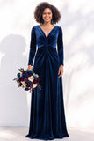 Terracotta Velvet V Neck Front Twist Long Sleeve Bridesmaid Dress
