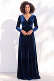 Terracotta Velvet V Neck Front Twist Long Sleeve Bridesmaid Dress