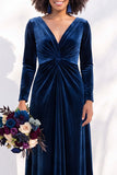 Terracotta Velvet V Neck Front Twist Long Sleeve Bridesmaid Dress