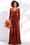 Terracotta Velvet V Neck Front Twist Long Sleeve Bridesmaid Dress