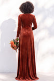 Terracotta Velvet V Neck Front Twist Long Sleeve Bridesmaid Dress