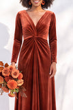Terracotta Velvet V Neck Front Twist Long Sleeve Bridesmaid Dress